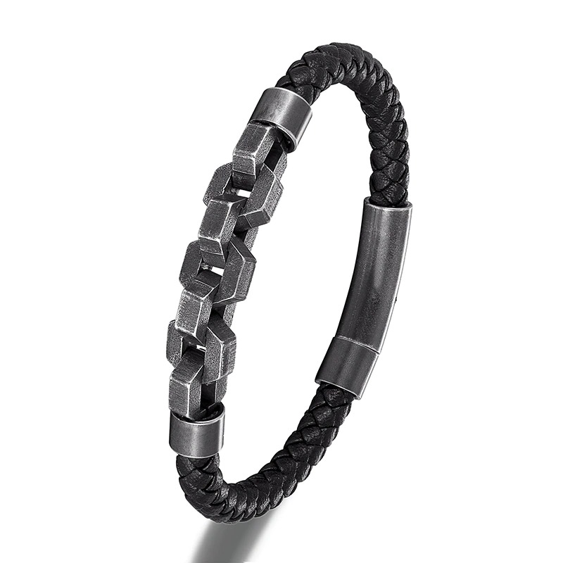 Men's vintage black leather bracelet with stainless steel accents in a stylish rock style design.