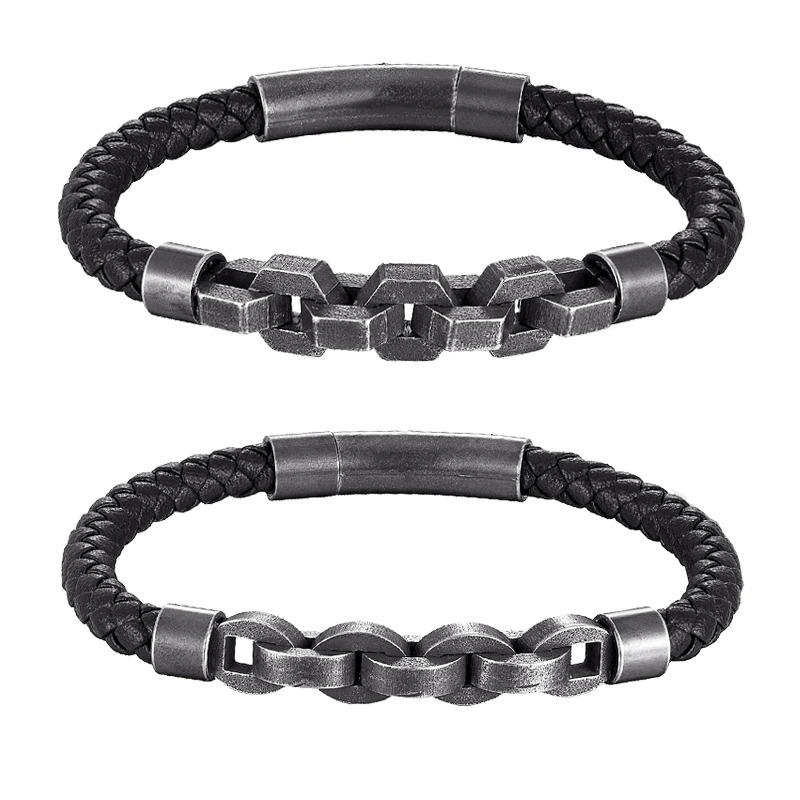 Men's Vintage Genuine Leather Bracelet / Male Stainless Steel Jewelry / Rock Style Bracelet For Men - HARD'N'HEAVY