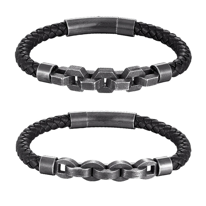 Men's vintage genuine leather and stainless steel rock style bracelet set, trendy and stylish accessory for men.