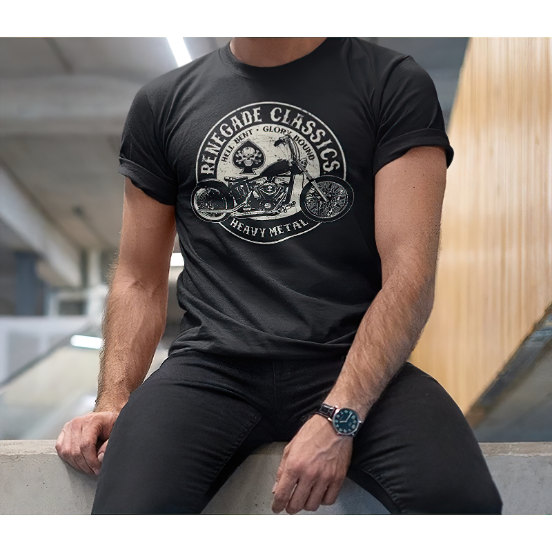 Men's vintage motorcycle t-shirt in black with retro print for casual summer style.