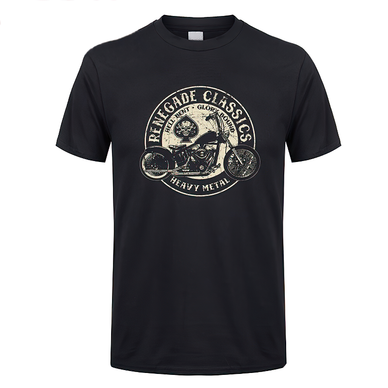 Men's vintage black motorcycle t-shirt featuring a classic bike print, perfect for casual summer wear.