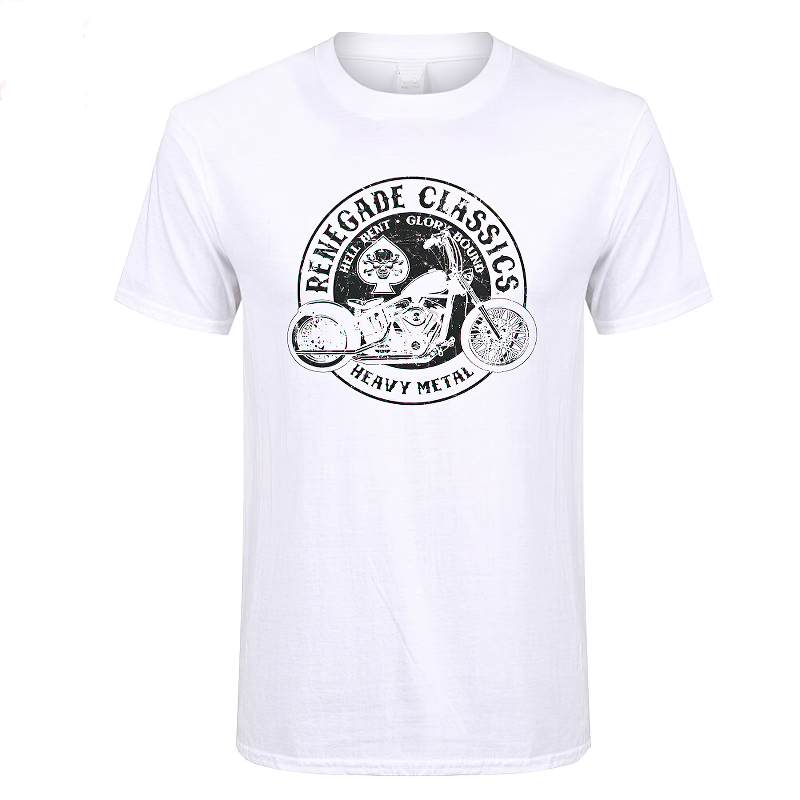 Men's vintage motorcycle t-shirt in white with classic biker print for retro summer style.