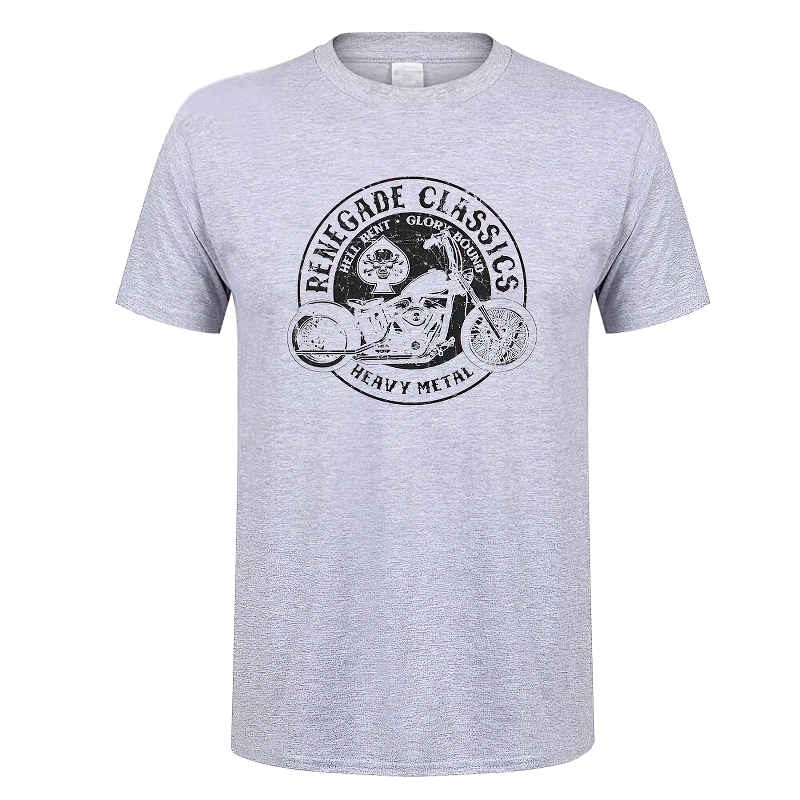 Men's vintage motorcycle t-shirt in grey with retro bike print, perfect for summer casual style.
