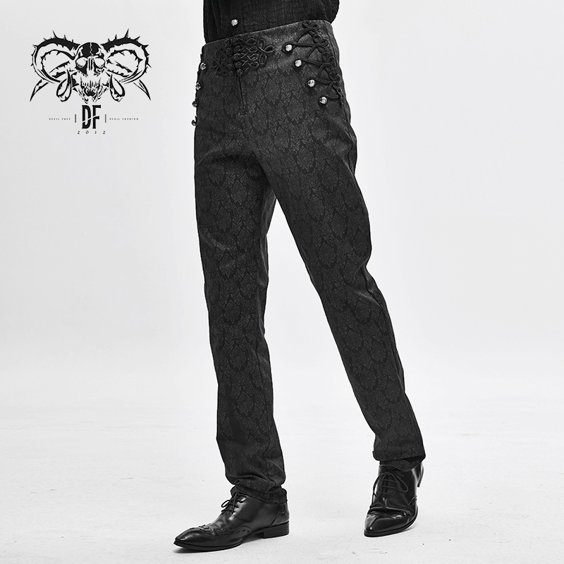 Men's Vintage Pattern Pants With Buttons & Decorations / Gothic Elegant High Waist Slight Trousers - HARD'N'HEAVY