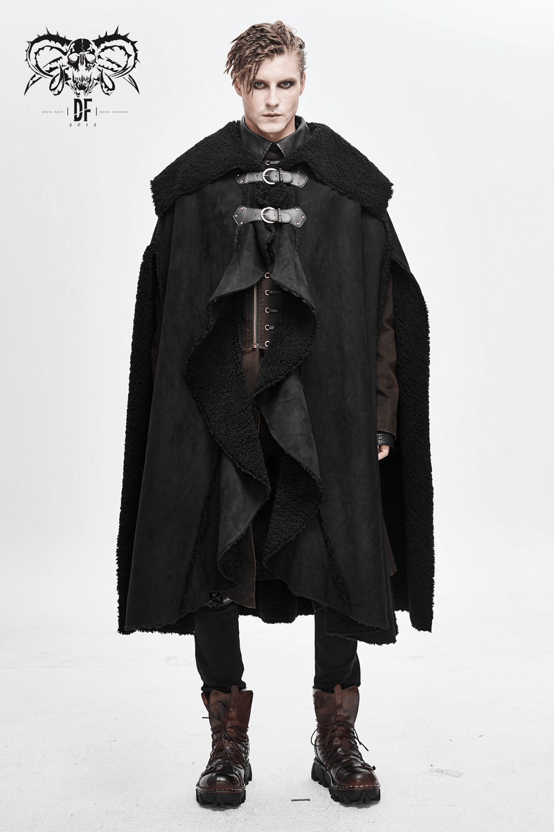 Men's black asymmetrical gothic cloak featuring buckled straps and retro design, perfect for alternative fashion.