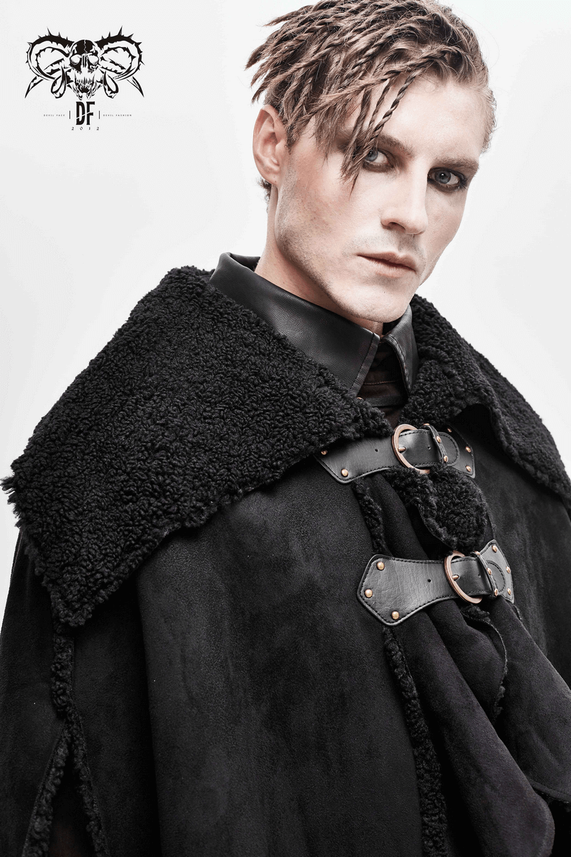 Men's black asymmetrical cloak with buckled straps, showcasing vintage gothic style and unique fashion.