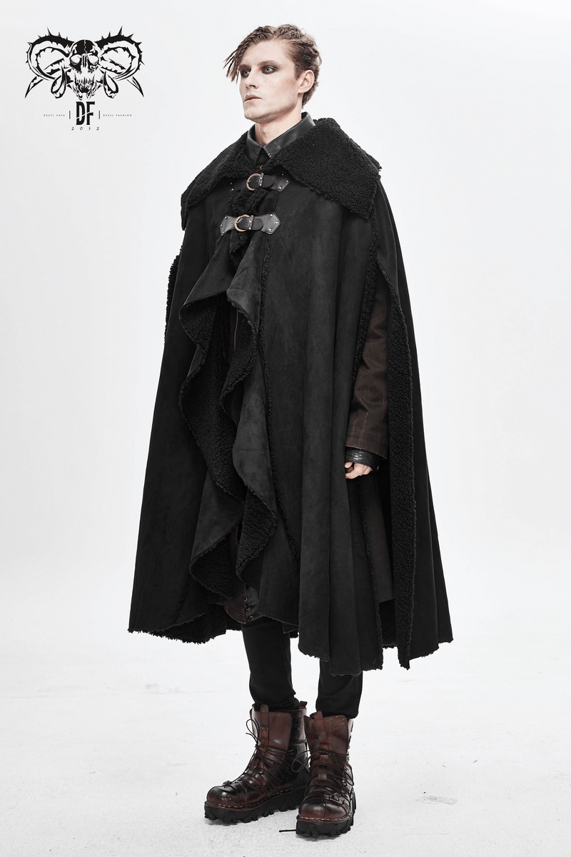 Men's black asymmetrical gothic cloak with buckle straps, featuring a stylish vintage design.
