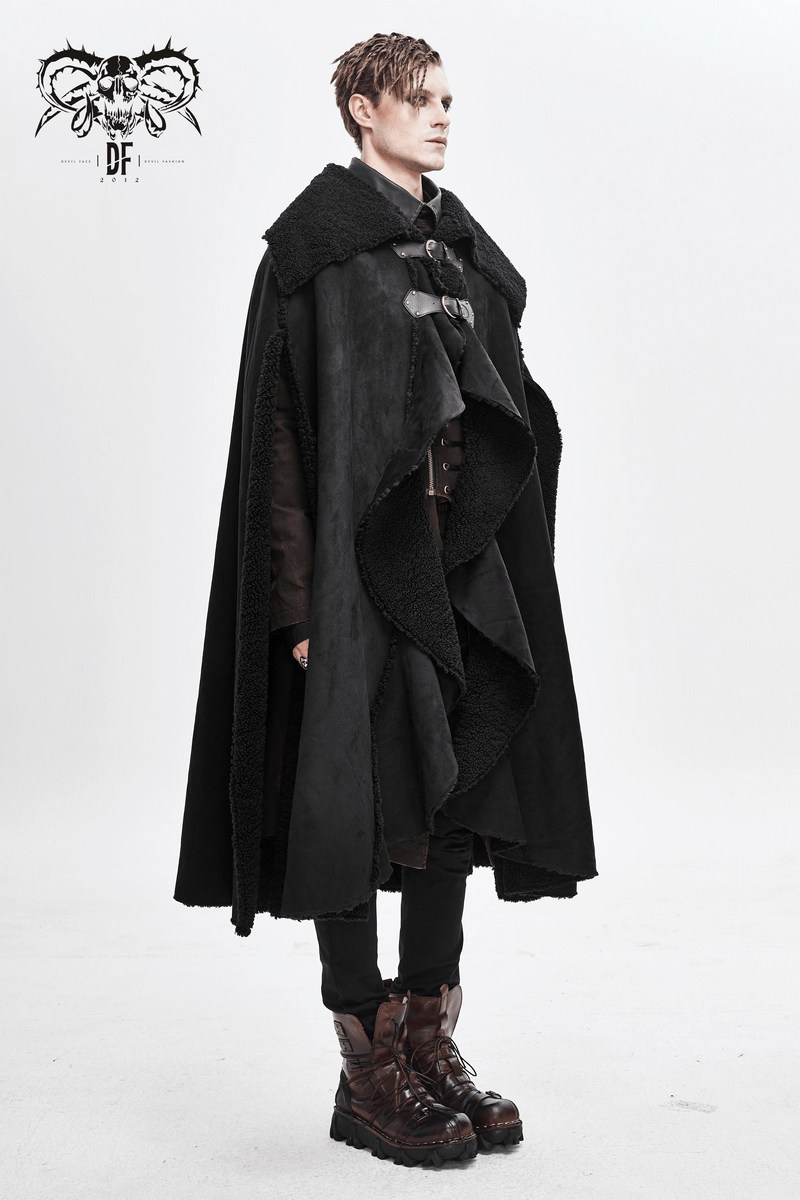 Men's black asymmetrical cloak with buckled straps, perfect for gothic and alternative fashion.