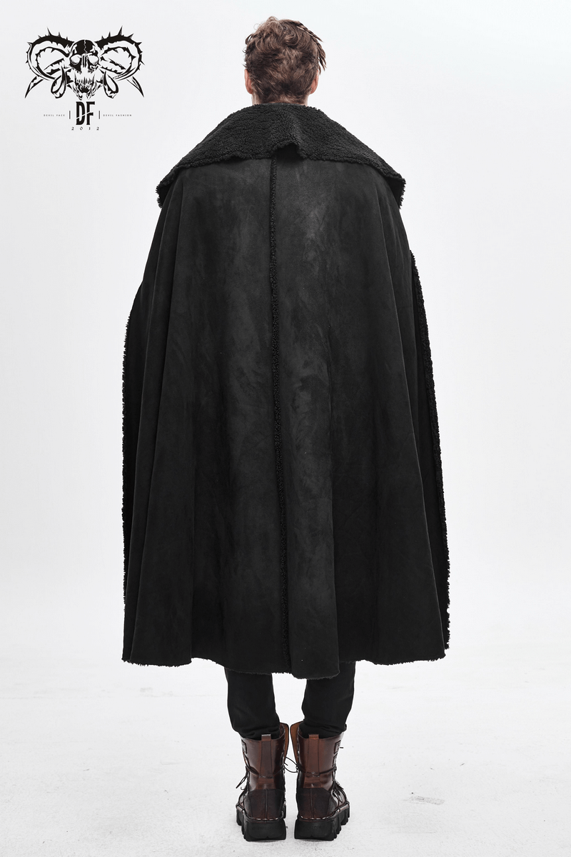 Men's black asymmetrical cloak with a vintage design and buckled straps, perfect for gothic fashion enthusiasts.