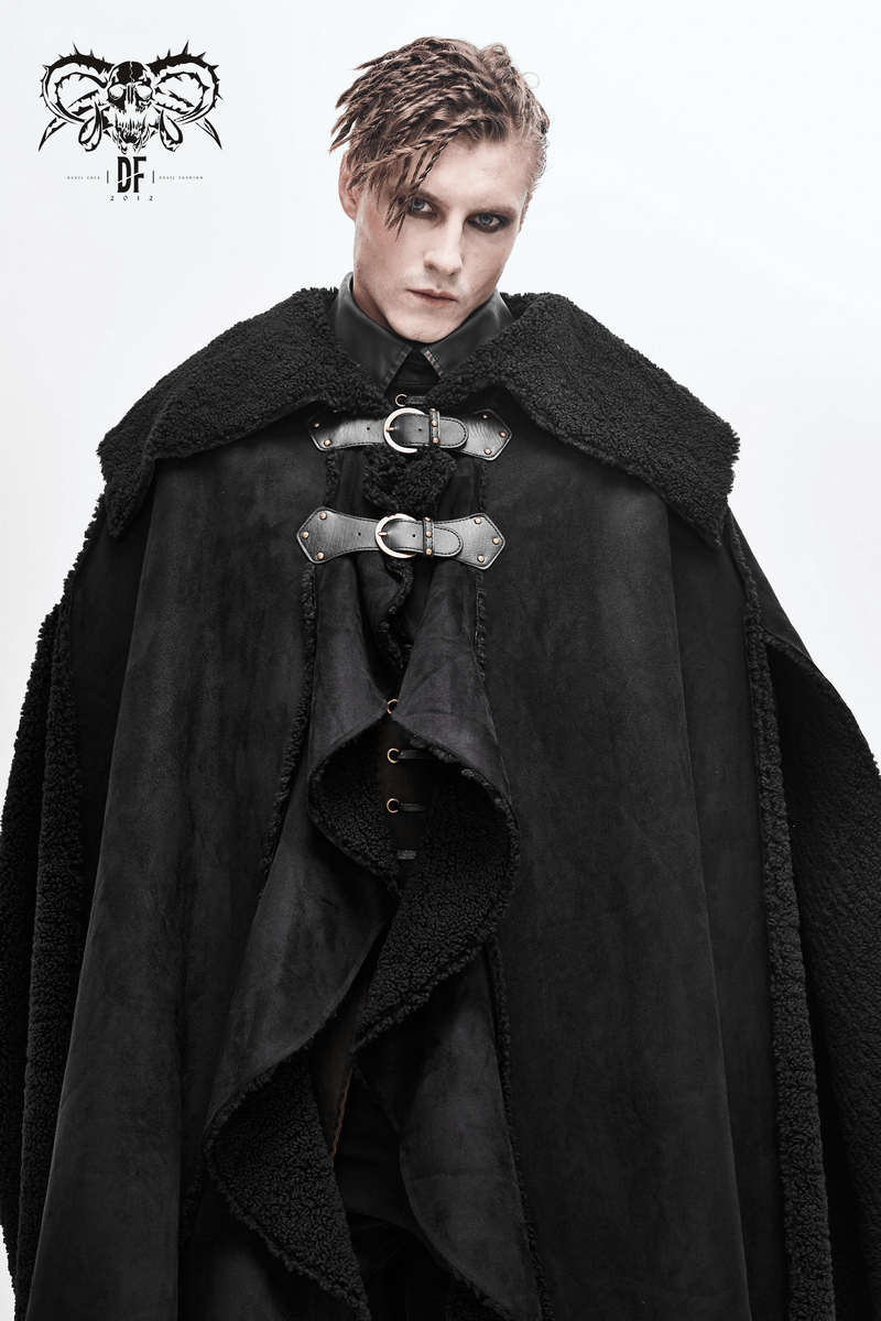 Men's gothic black asymmetrical cloak with buckled straps, perfect for alternative fashion lovers.