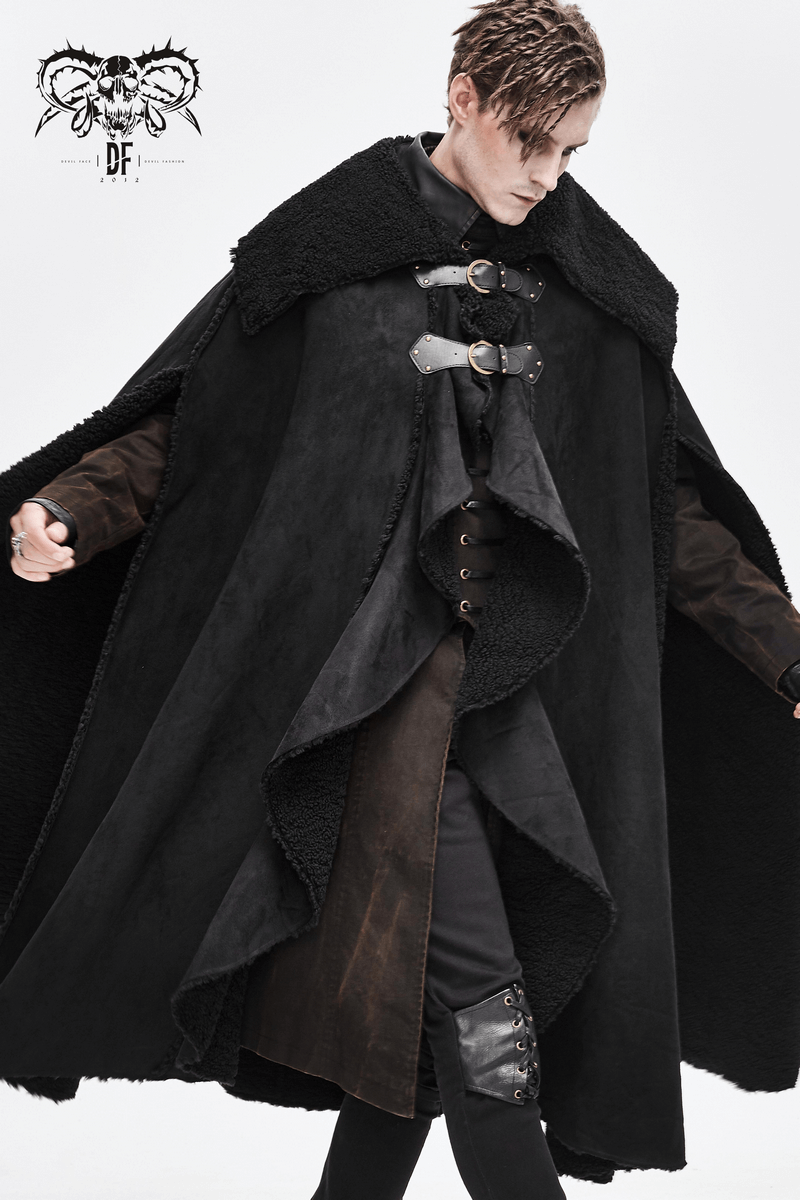 Men's black asymmetrical gothic cloak with buckled straps, perfect for alternative fashion enthusiasts.