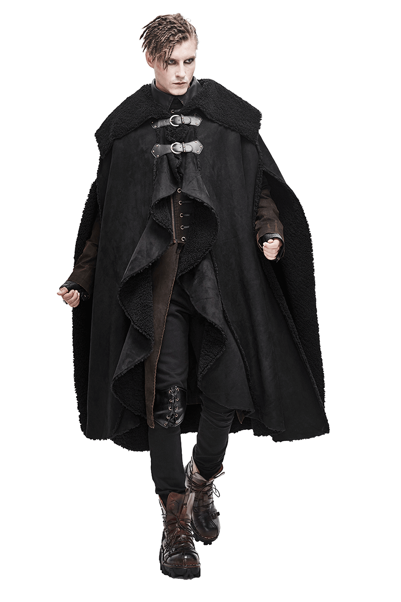 Stylish men's black asymmetrical cloak with buckled straps, perfect for gothic and alternative fashion enthusiasts.