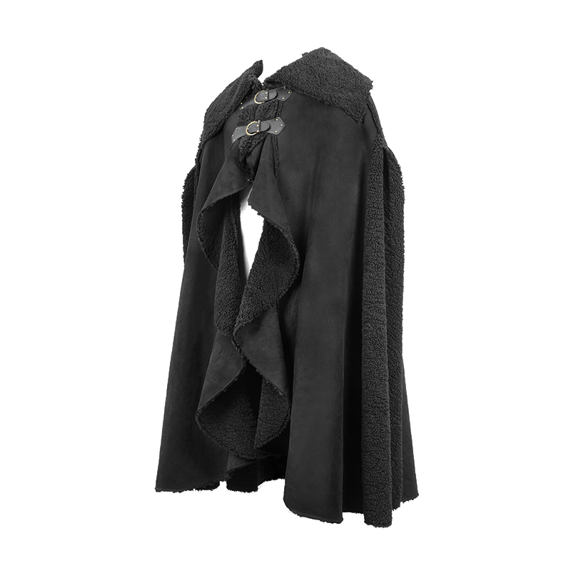 Men's black asymmetrical cloak with buckled straps, featuring a gothic retro design and cozy texture.