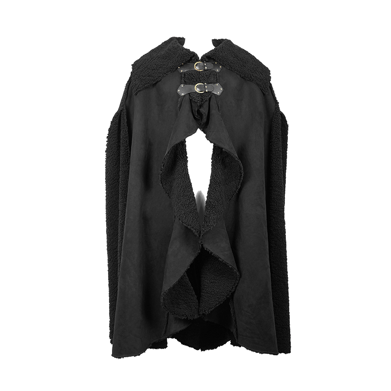 Men's black asymmetrical gothic cloak with buckled straps, perfect for alternative fashion enthusiasts.