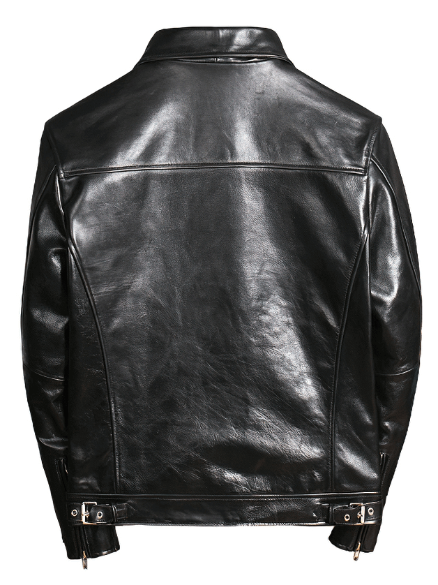 Back view of a Men's Waxed Horsehide Classic Motorcycle Jacket in black leather, showcasing its sleek design and detailing.