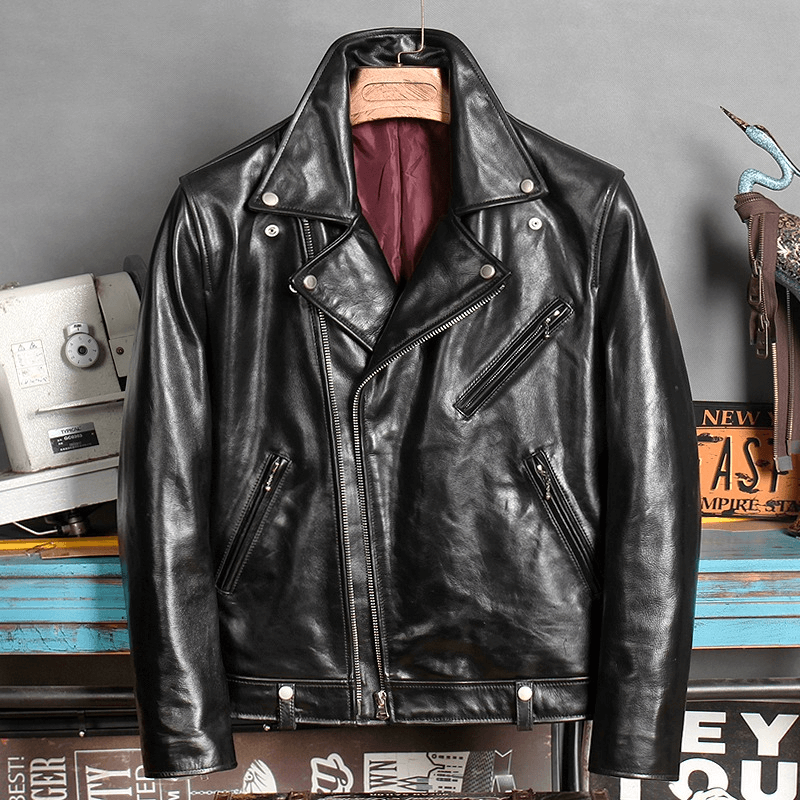 Men's black waxed horsehide motorcycle jacket with zippers, perfect for a stylish biker look.