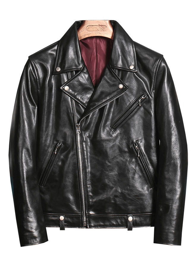 Men's black waxed horsehide motorcycle jacket with zippers and cotton lining for a classic biker look.