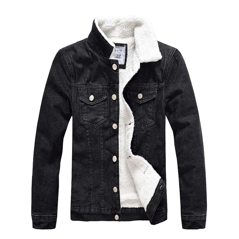 Men's winter fleece-lined black denim jacket with turn-down collar for urban style and warmth.