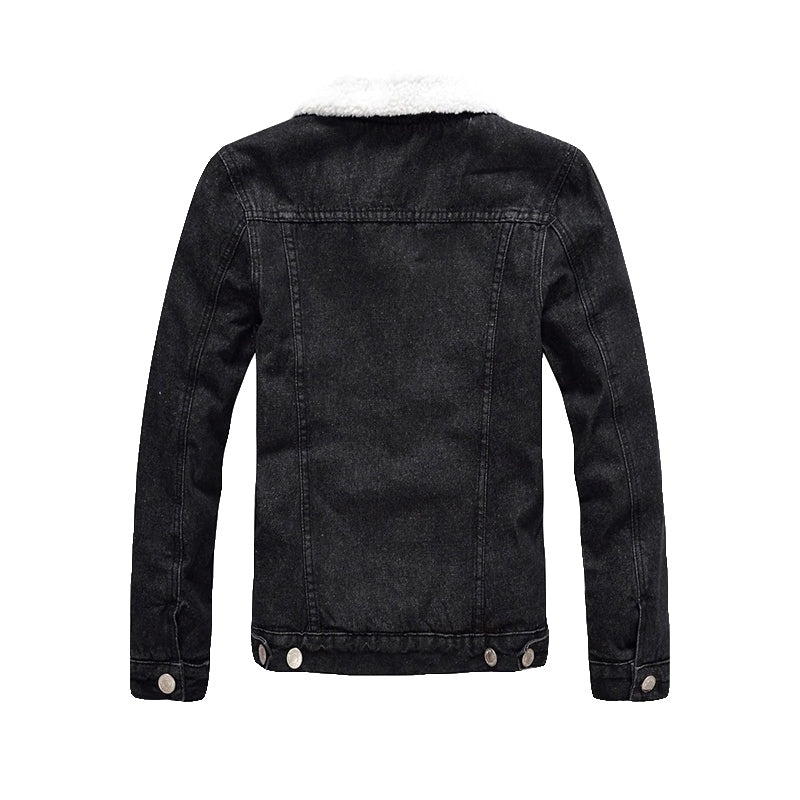Back view of men's winter fleece slim fit black denim jacket, featuring a cozy collar and urban style design.