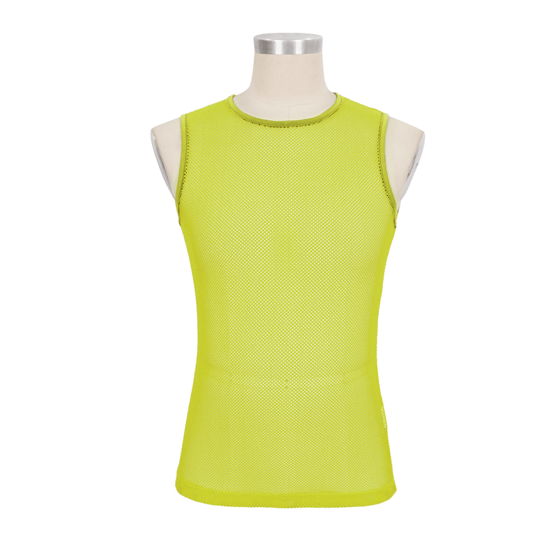 Men's yellow sleeveless mesh tank top, alternative trendy style, perfect for warm weather and street fashion.