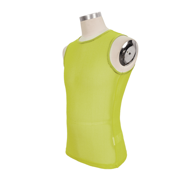 Men's yellow sleeveless mesh tank top on mannequin for trendy alternative style.