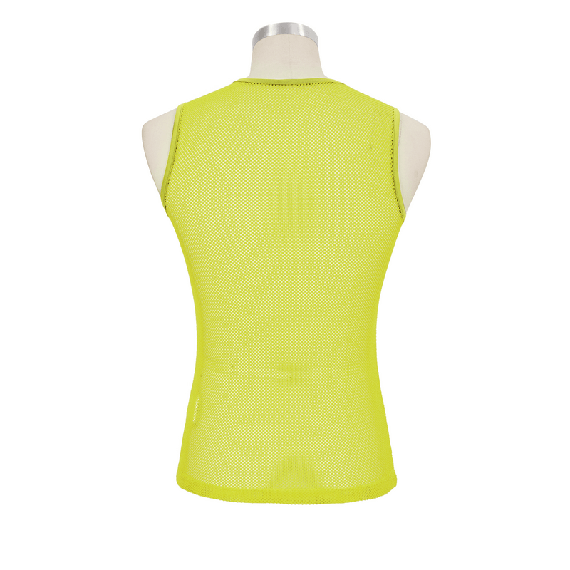 Back view of a men's yellow sleeveless mesh tank top, showcasing its trendy alternative style and see-through design.
