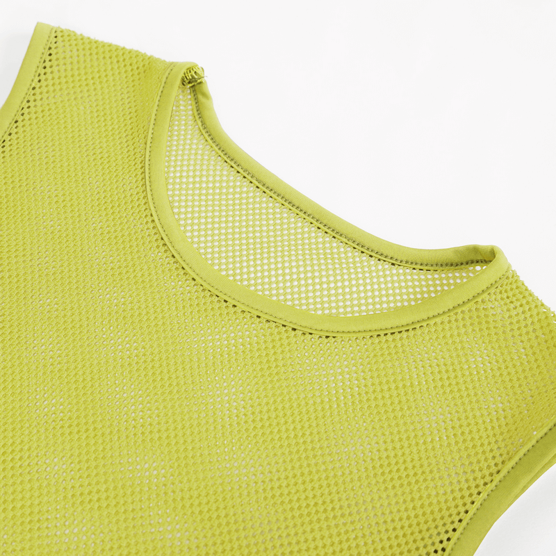 Close-up of a yellow sleeveless mesh tank top showcasing its trendy round neck design and breathable fabric.