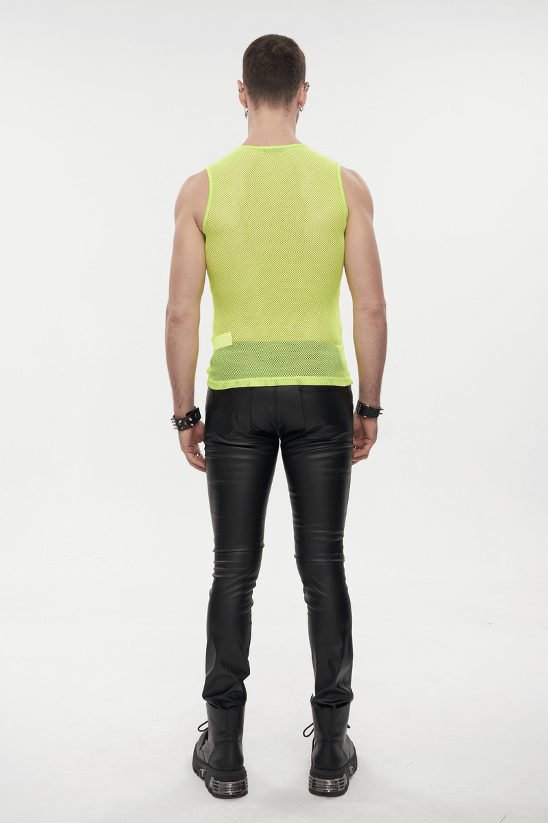 Men's yellow sleeveless mesh top showing back view with black leather pants for an edgy punk look.