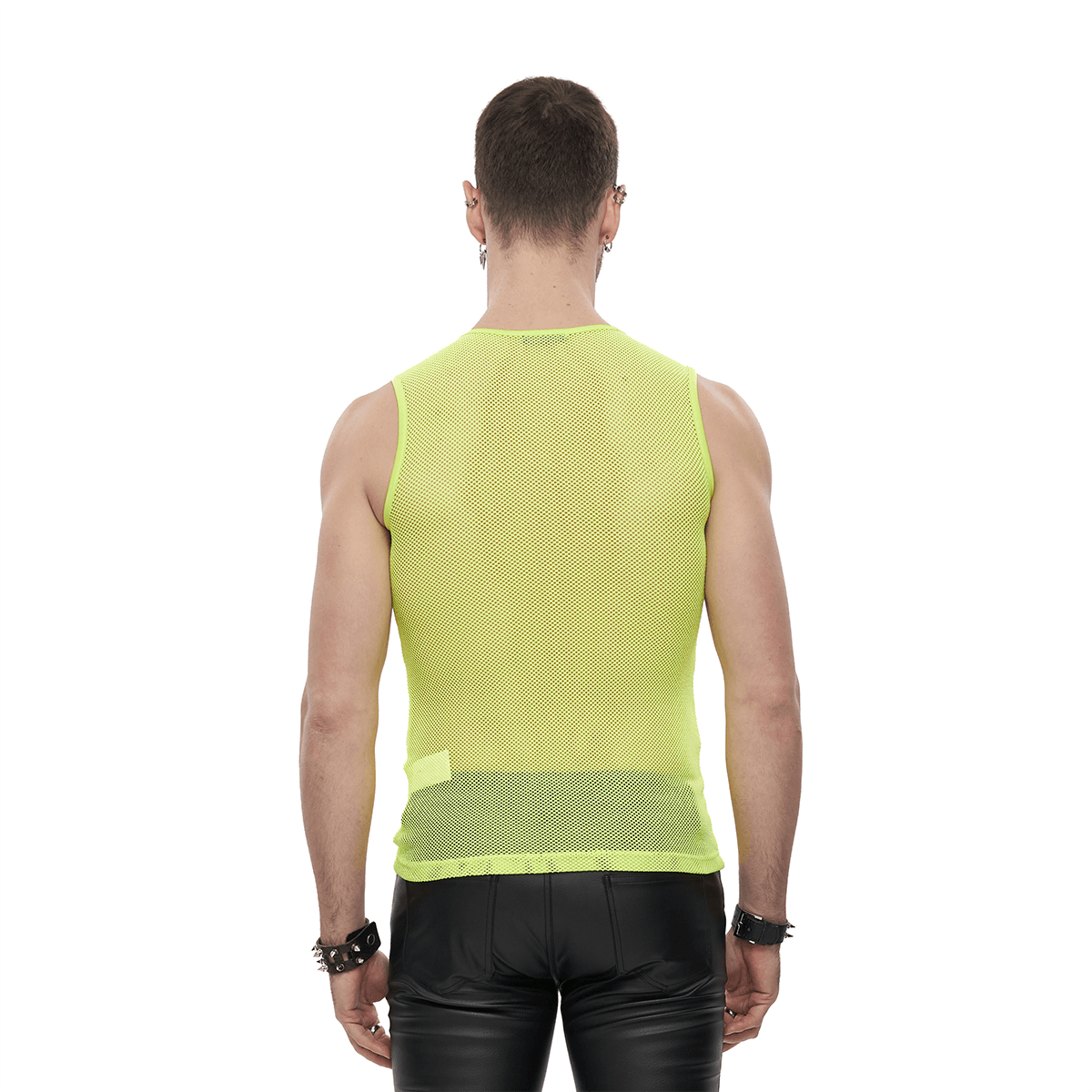 Back view of men's yellow sleeveless mesh tank top, trendy alternative style, perfect for a bold look.