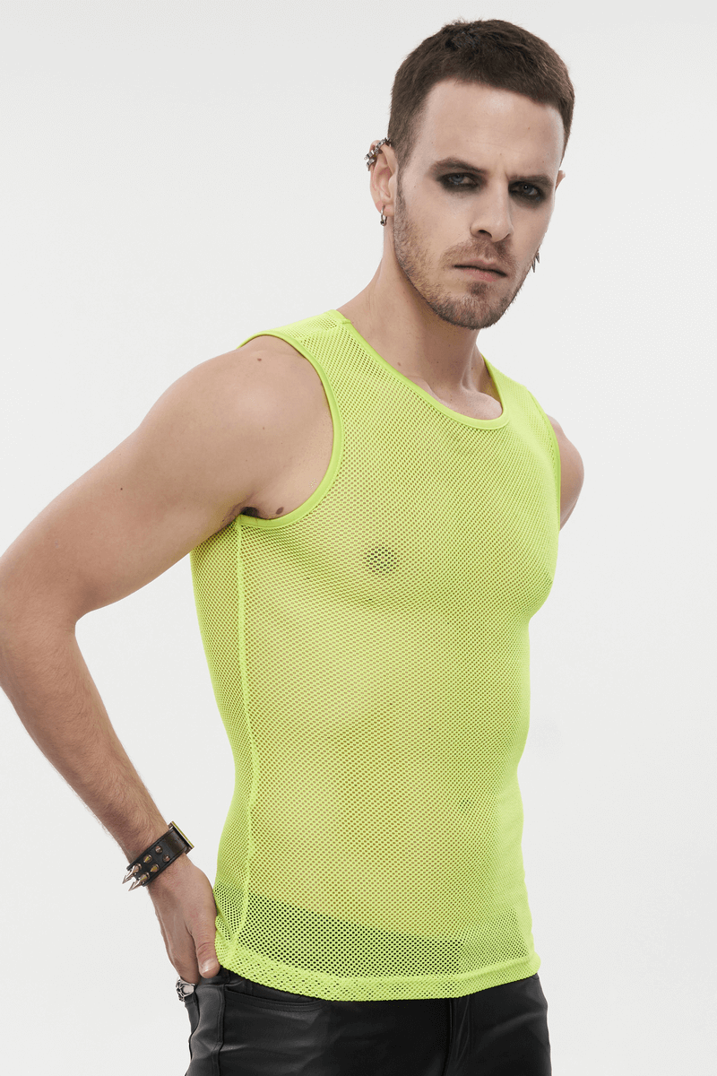Men's neon yellow sleeveless mesh tank top, showcasing trendy alternative fashion style.