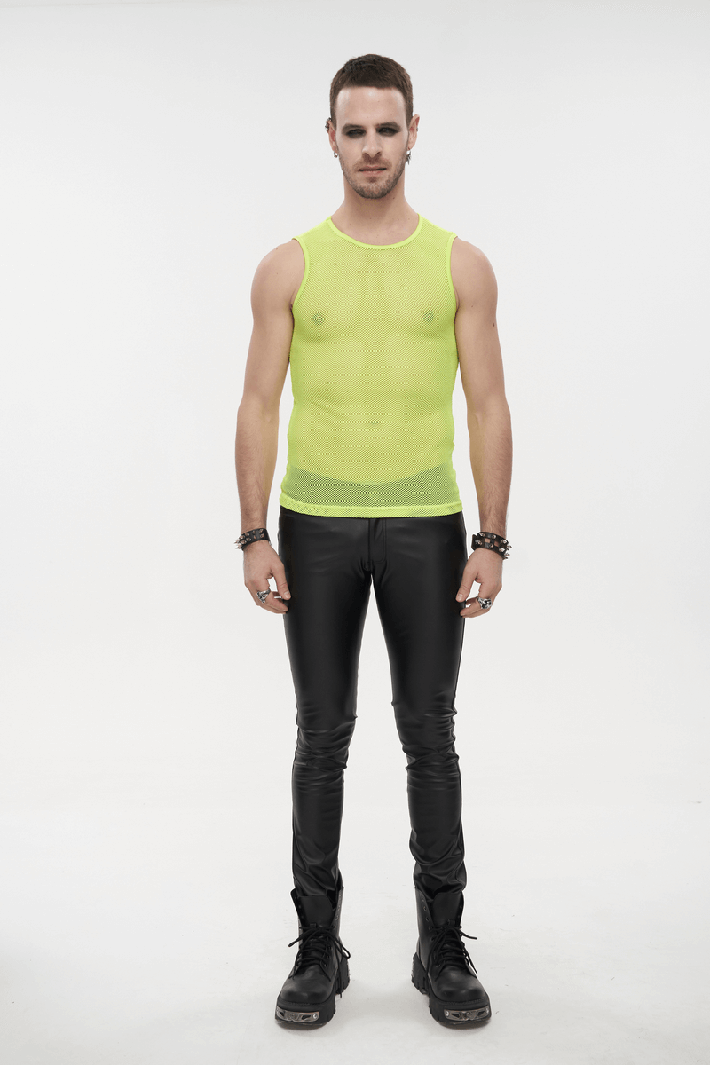 Men's yellow sleeveless mesh tank top styled with black leather pants, showcasing a trendy alternative fashion look.