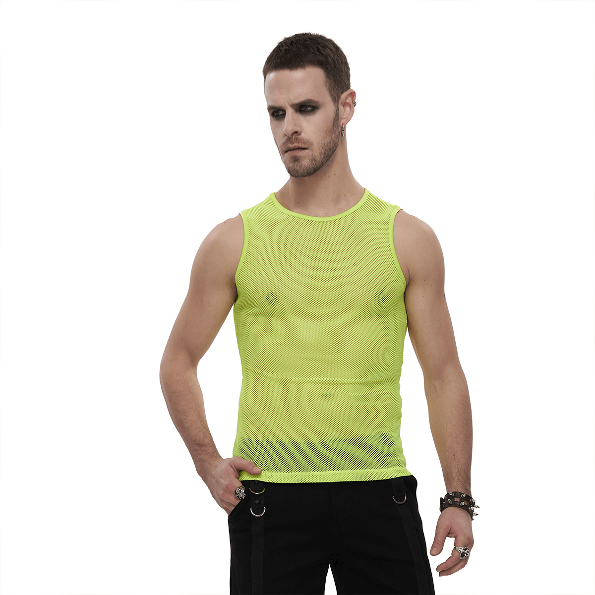 Men's vibrant yellow sleeveless mesh tank top, perfect for an alternative punk style, showcasing a trendy, bold look.