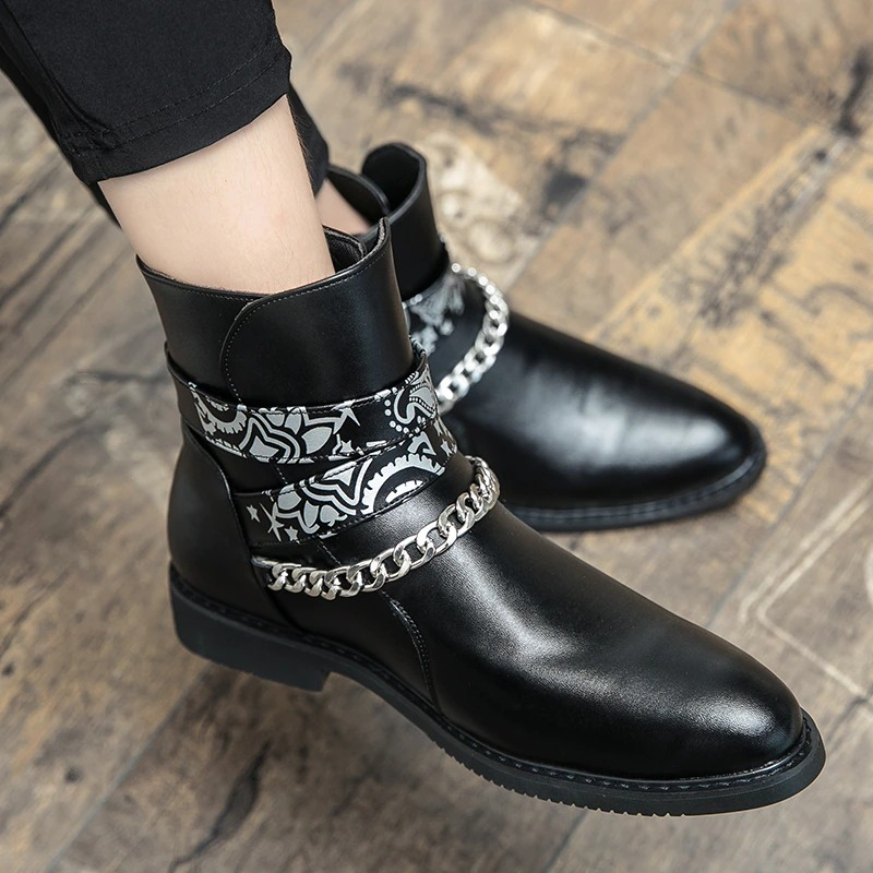 Men's Zipper Ankle Boots with Chain / Punk Rock Thick Soled Shoes / Fashion Round Toe Boots - HARD'N'HEAVY