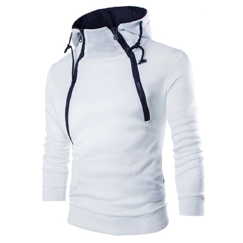 Stylish men's white zipper hoodie with modern design and contrasting navy accents for casual wear.