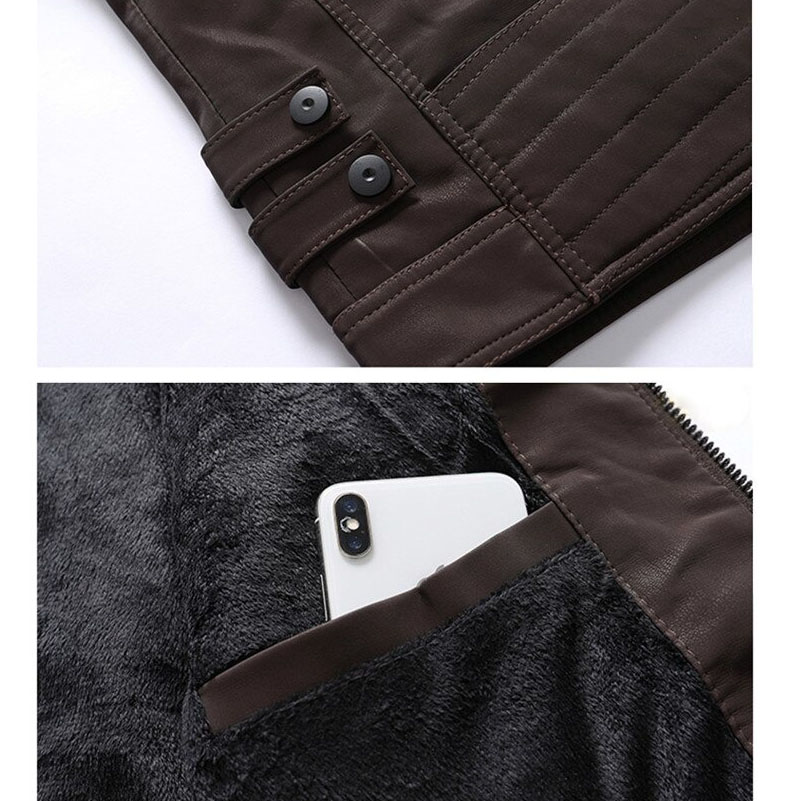 Close-up of men's brown PU leather jacket showcasing button details and a pocket with a smartphone.