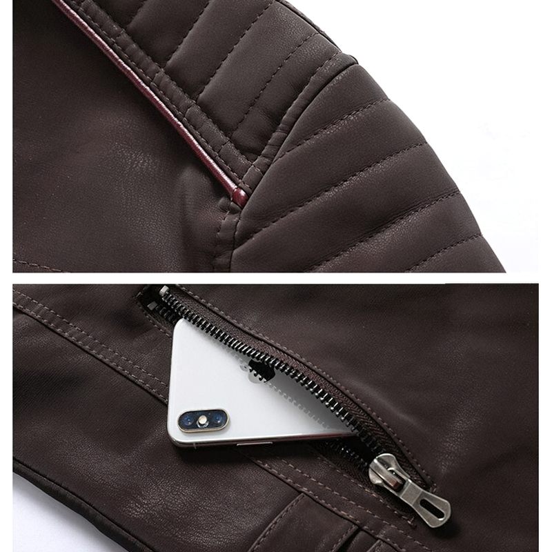 Close-up of Men's PU leather jacket showing zippers and pockets, perfect for casual wear and bike rides.
