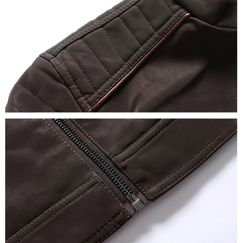 Close-up of men's PU leather jacket highlighting zipper details and stylish stitching for trendy motorcycle look.