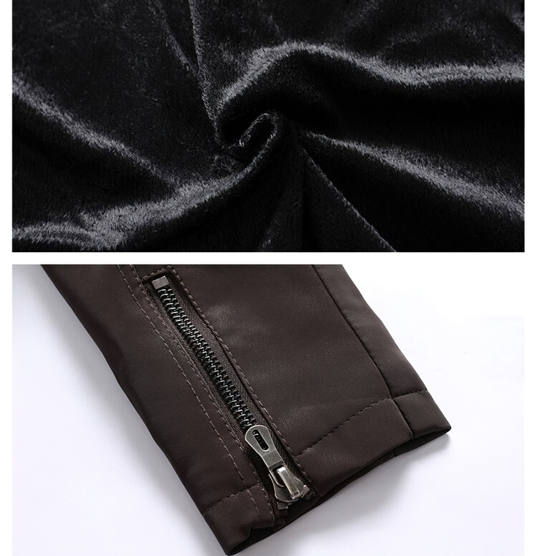 Close-up of black PU leather texture and brown zipper detail on men's casual motorcycle jacket.