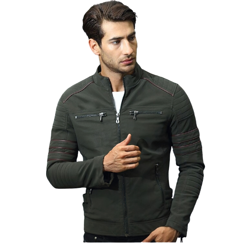 Men's trendy green zipper PU leather motorcycle jacket showcasing a stylish design and comfortable fit.