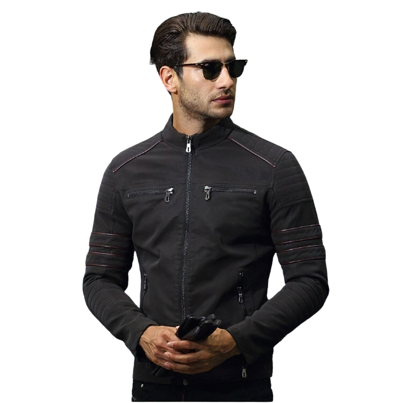 Stylish men's black PU leather motorcycle jacket with zippers, perfect for casual wear and alternative clothing.