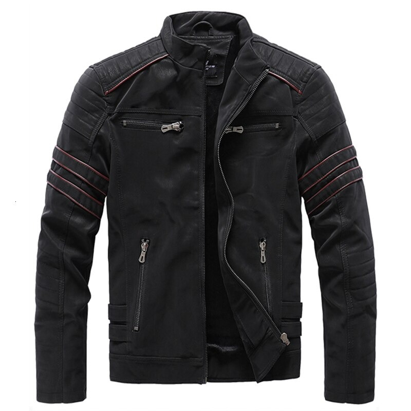 Men's black PU leather motorcycle jacket with zippers, stylish alternative clothing for casual wear.