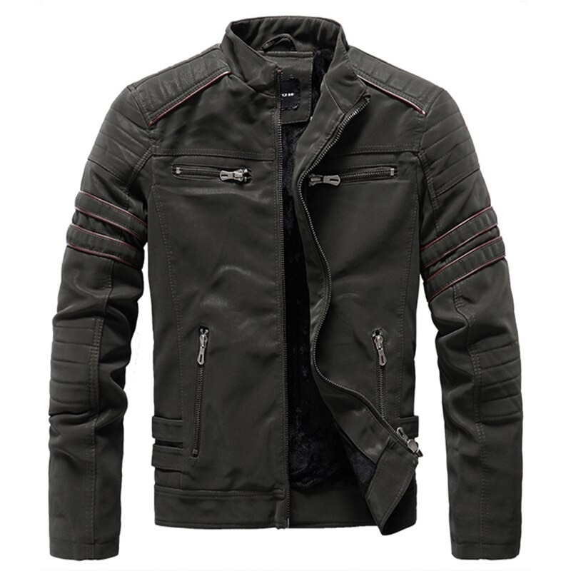 Men's PU leather zipper jacket in dark green, featuring a stylish motorcycle design and casual fit for everyday wear.