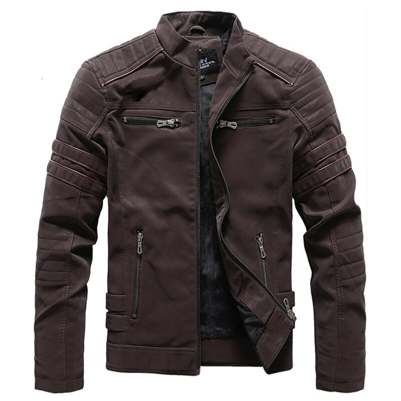 Brown men's PU leather motorcycle jacket with stylish zippers and quilted shoulder design, perfect for casual and trendy wear.