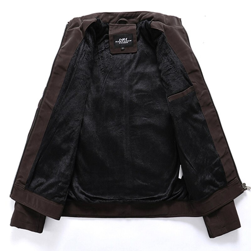 Inside view of a men's brown PU leather jacket showcasing soft lining and zippers, perfect for casual wear.