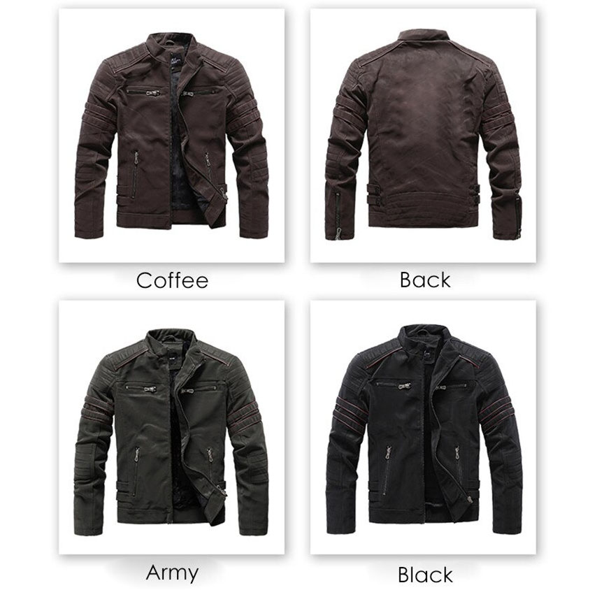 Men's PU leather jacket in coffee, army, and black colors with stylish zippers and a classic fit for casual wear.