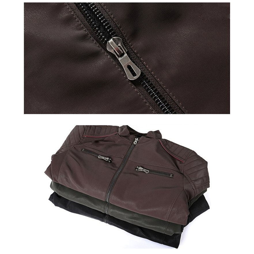 Men's PU leather jackets with zippers in brown, black, and green colors ready for casual wear.