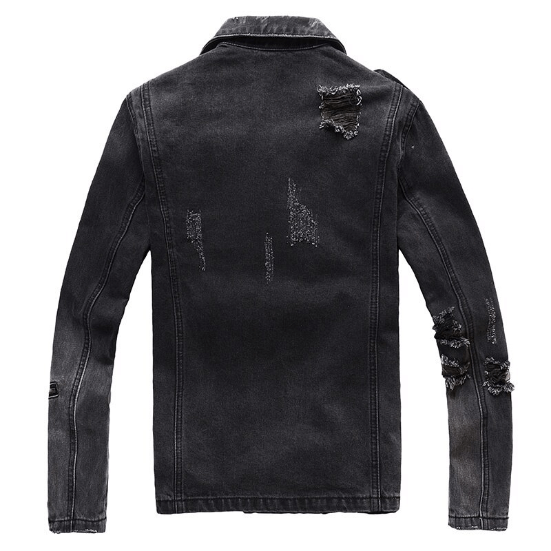 Men's black denim biker jacket featuring distressed look and ragged details in classic rock style.