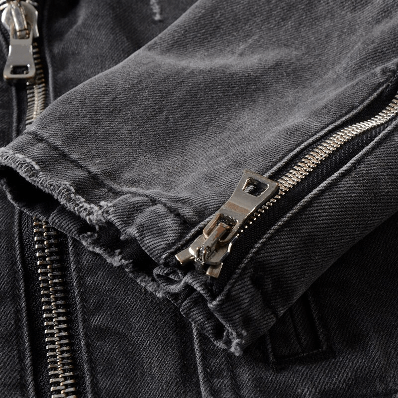 Men's zippers black biker jacket in classic Rock Style / Denim slim jacket with belt - HARD'N'HEAVY