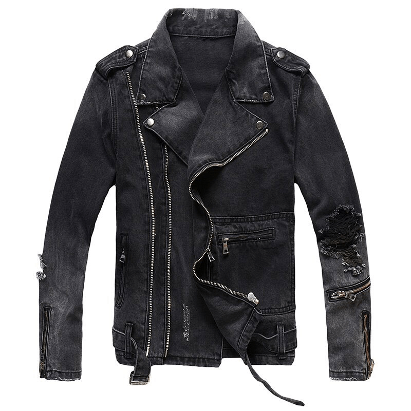 Men's zippers black biker jacket in classic Rock Style / Denim slim jacket with belt - HARD'N'HEAVY