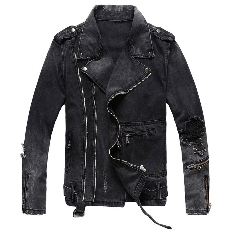 Men's black biker jacket featuring zippers, distressed denim, and a classic rock style perfect for any rave outfit.